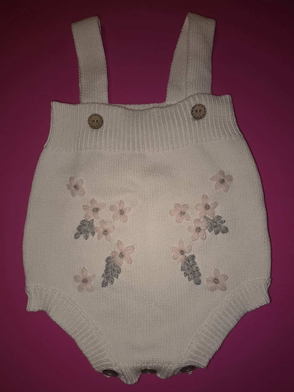 Sam & Louloute Cream Floral Knit Baby One-Piece with Button Straps